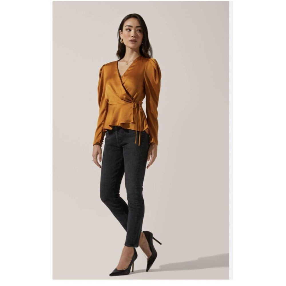 Astr Womens Wrap Blouse Top Mustard‎ Long Sleeve Surplice Tie Plus 2X New